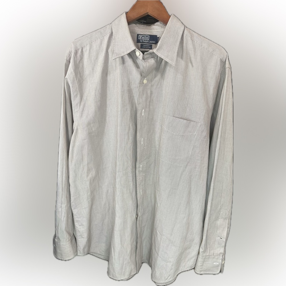 VTG Polo Ralph Lauren Andrew Men’s Dress Shirt 17.5 34/35 Gray Pinstripe